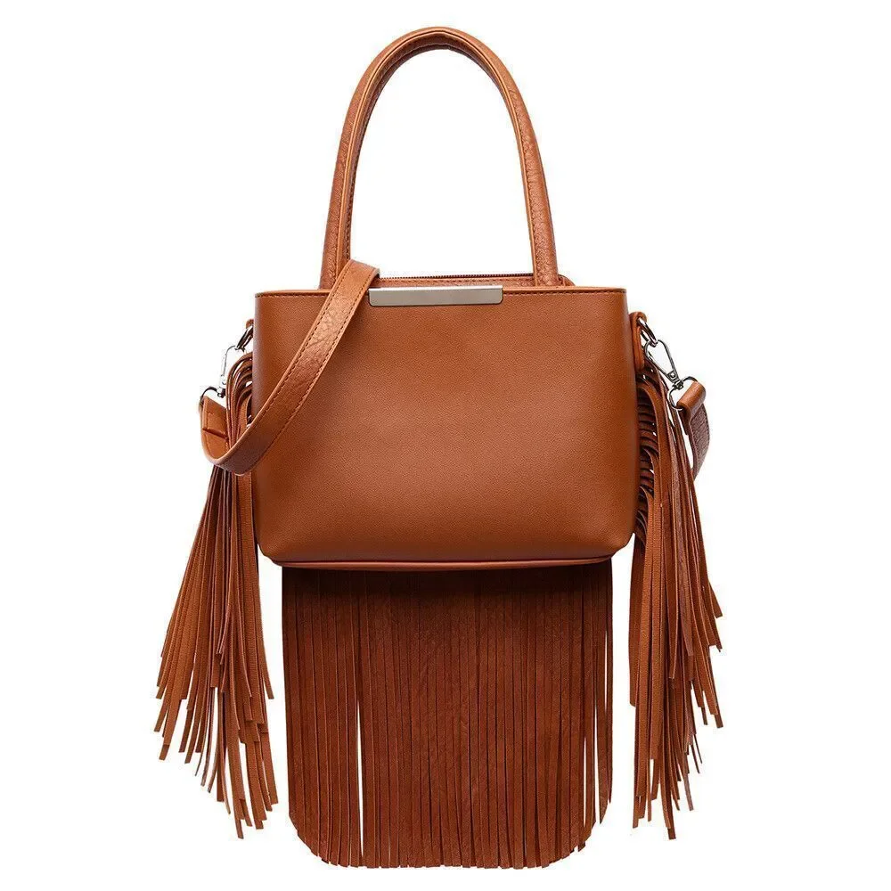 Brown Solid Fringe Medium Satchel Handbag  for Women